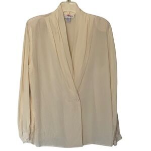 Stunt Collections Vintage Blouse Cream 100% Silk Wrap Pleated V-Neck Women's 10